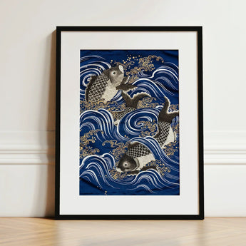Fukusa and Carp in Waves - Meiji Art Print / Canvas Framed Artwork Three Intricately Detailed Koi Fish Meiji-era Fukusa-inspired Fine,
