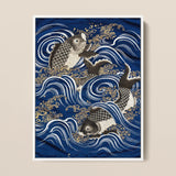 Fukusa and Carp in Waves - Meiji Art Print / Canvas, Meiji-era Fukusa-inspired Fine Art, Japan’s Artistic Golden Age, Meiji Period Art