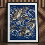 Fukusa and Carp in Waves - Meiji Art Print / Canvas Framed Artwork Two Intricately Detailed Koi Fish Stylized Meiji-era Fukusa-inspired