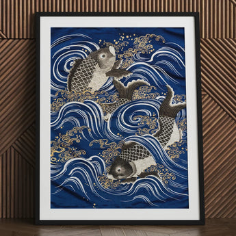 Fukusa and Carp in Waves - Meiji Art Print / Canvas Framed Artwork Two Intricately Detailed Koi Fish Stylized Meiji-era Fukusa-inspired