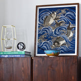 Fukusa and Carp in Waves - Meiji Art Print, Framed Artwork Koi Fish Stylized Blue Waves Traditional