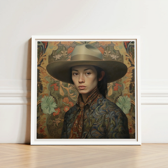 Framed Portrait Woman Wide-brimmed Hat Patterned Attire Set Dandy Gaysian Cowboy, Elegant Chinese Outlaw’s, Spirit’s Queer