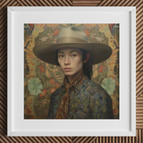 Fulin - Chinese Gay Cowboy Art Print / Canvas Brown Leather Cowboy Hat Patterned Scarf Green Jacket Dandy Gaysian Cowboy, Elegant Chinese