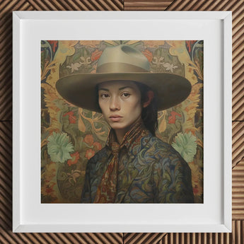 Fulin - Chinese Gay Cowboy Art Print / Canvas Brown Leather Hat Patterned Scarf Green Jacket Dandy Gaysian, Elegant Outlaw’s, Spirit’s