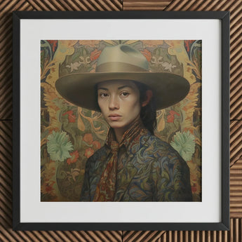 Fulin - Chinese Gay Cowboy Art Print / Canvas Brown Wide-brimmed Hat Patterned Scarf Dark Jacket Dandy Gaysian, Elegant Outlaw’s, Spirit’s