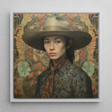 Fulin - Chinese Gay Cowboy Art Print / Canvas Framed Portrait Woman Wide-brimmed Beige Hat Intricately Patterned Dandy Gaysian, Elegant