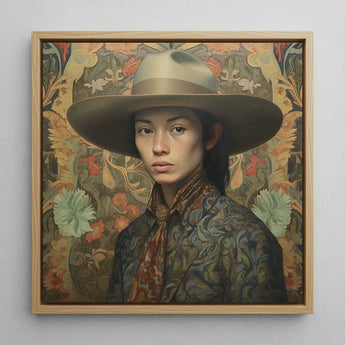 Fulin - Chinese Gay Cowboy Art Print / Canvas Framed Portrait Woman Wide-brimmed Hat Patterned Attire Set Dandy Gaysian, Elegant Outlaw’s,