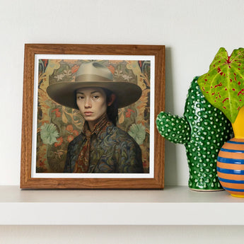 Fulin - Chinese Gay Cowboy Art Print / Canvas Framed Portrait Woman Wide-brimmed Hat Patterned Clothing Set Dandy Gaysian, Elegant