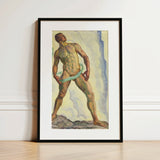 Black-framed Art Print Muscular Male Figure Watercolor Depicted Ferdinand Hodler, Nude, Signed, Form Pienezza, Primordial Force Made,