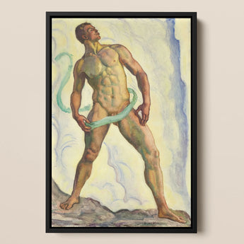 Framed Painting Muscular Nude Male Figure Green Ribbon Ferdinand Hodler, Signed, Form Pienezza, Primordial Force Made, Flesh, Standing,