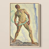 Framed Painting Muscular Nude Male Figure Green Ribbon-like Ferdinand Hodler, Signed, Form Pienezza, Primordial Force Made, Flesh,