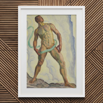 Framed Watercolor Painting Muscular Nude Male Figure Green Ferdinand Hodler, Signed, Form Pienezza, Primordial Force Made, Flesh, Standing,