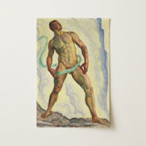 Watercolor Painting Muscular Man Green Ribbon Signed Artist Ferdinand Hodler, Male Nude, Form Pienezza, Primordial Force Made, Flesh,
