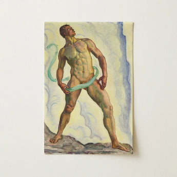 Watercolor Painting Muscular Man Green Ribbon Signed Artist Ferdinand Hodler, Male Nude, Form Pienezza, Primordial Force Made, Flesh,