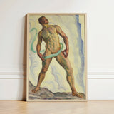 Framed Painting Muscular Nude Male Figure Green Ribbon-like Ferdinand Hodler, Signed, Form Pienezza, Primordial Force Made, Flesh,