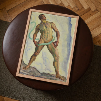 Framed Painting Muscular Nude Male Figure Green Ribbon-like Ferdinand Hodler, Signed, Form Pienezza, Primordial Force Made, Flesh,