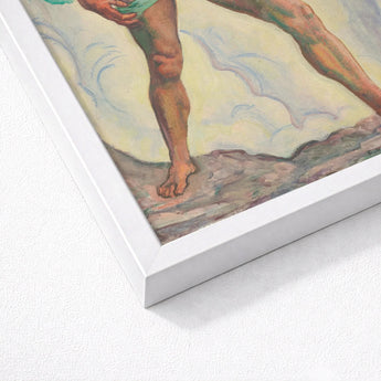 Fullness - Ferdinand Hodler Art Print / Canvas White Framed Artwork Painted Figure Green Shorts Barefoot, Male Nude, Signed, Form Pienezza,