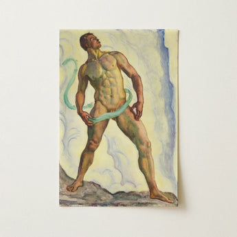 Watercolor Painting Muscular Man Green Ribbon Signed Artist Ferdinand Hodler, Male Nude, Form Pienezza, Primordial Force Made, Flesh,