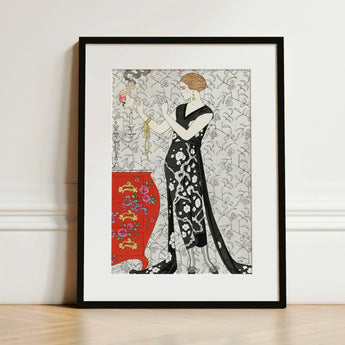 Fumée - George Barbier 1920s Fashion Art Print / Canvas Black-framed Deco Illustration Woman Black White, Parisian Haute Couture, Gazette