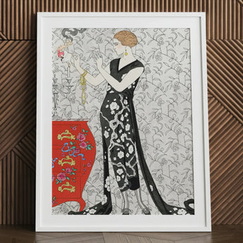 Fumée - George Barbier 1920s Fashion Art Print / Canvas Framed Deco-style Illustration Woman Elegant Black White, Parisian Haute Couture,