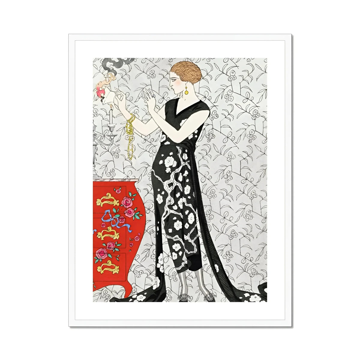 Fumée George Barbier 1920s Fashion Art Print, Elegant Figure Black White Patterned Dress Art Nouveau