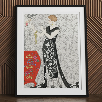 Fumée - George Barbier 1920s Fashion Art Print, Framed Art Print Elegant Figure Patterned Black Dress