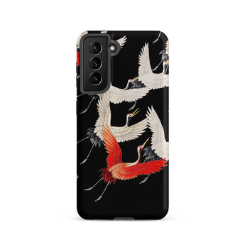 Furisode with Myriad of Flying Cranes Phone Case Samsung Galaxy S21 / Matte Black Phone Case Vibrant Illustration White Red Cranes Ivory