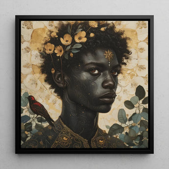 The one - Gay Black God Art Print / Canvas Black-framed Artwork Portrait Person Dark Skin Adorned Golden, Queer, Bold Statements Prints