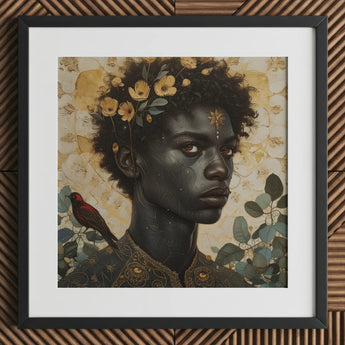 The one - Gay Black God Art Print / Canvas Black-framed Artwork Portrait Person Dark Skin Adorned Golden, Queer, Bold Statements Prints