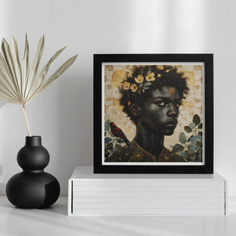 The one - Gay Black God Art Print / Canvas Framed Portrait Painting Figure Adorned Floral Elements Golden, Queer, Bold Statements Prints
