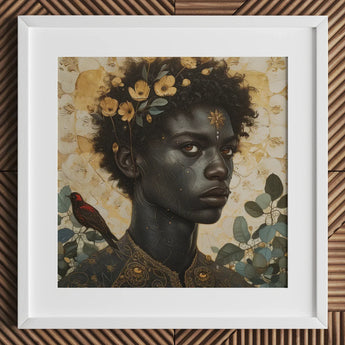 The one - Gay Black God Art Print / Canvas White Framed Artwork Woman Portrait Floral Crown, Queer, Bold Statements Prints