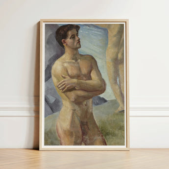 Framed Oil Painting Nude Male Figure Arms Crossed Bathing Men, Man, Georg Pauli’s Badande, Män, Holds, Companion’s Legs Edge, Art, Print