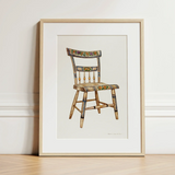 German Chair - Edward L. Loper 1930s Folk Art Print / Canvas Watercolor Illustration Vintage Wooden Floral Painted Accents Captivating,