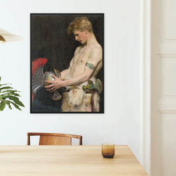Germanic Warrior with Helmet - Osmar Schindler Art Print / Canvas Black-framed Artwork Muscular Blond-haired Man Classical Attire Ornate