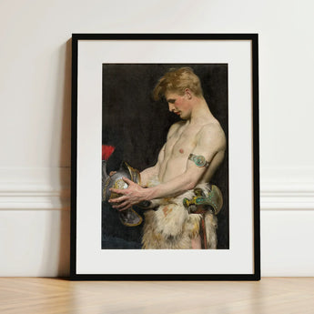 Germanic Warrior with Helmet - Osmar Schindler Art Print / Canvas Black-framed Classical Painting Muscular Bare-chested Man Gay,