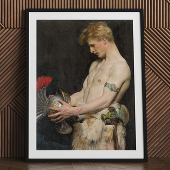 Germanic Warrior with Helmet - Osmar Schindler Art Print / Canvas Black-framed Art Print Classical Painting Muscular Bare-chested Man Osmar