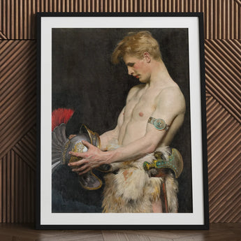 Germanic Warrior with Helmet - Osmar Schindler Art Print / Canvas Black-framed Classical Painting Muscular Bare-chested Man Gay,