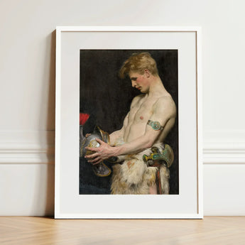 Germanic Warrior with Helmet - Osmar Schindler Art Print / Canvas White-framed Classical Painting Muscular Bare-chested Man Gay,