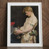 Germanic Warrior with Helmet - Osmar Schindler Art Print / Canvas White-framed Classical Painting Muscular Bare-chested Man Gay,