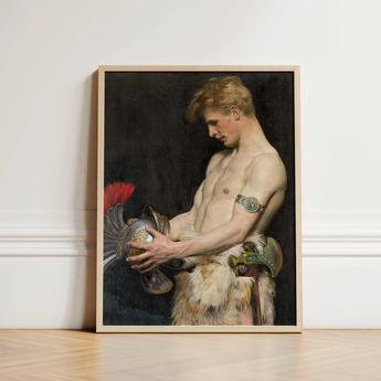 Germanic Warrior with Helmet - Osmar Schindler Art Print / Canvas Framed Reproduction Classical Painting Muscular Nude Male Figure Gay,