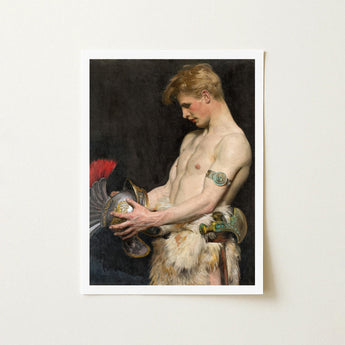 Germanic Warrior with Helmet - Osmar Schindler Art Print / Canvas Framed Classical Painting Muscular Bare-chested Man Blonde Gay,