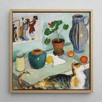 Ghost in the House Stalls - August Macke Art Print / Canvas Framed Painting Calico Cat Table Objects Potted Plants Macke’s Whimsical World,