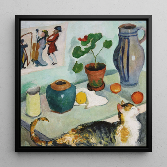 Ghost in the House Stalls - August Macke Art Print / Canvas Framed Reproduction Life Painting Calico Cat Potted Plant August Macke’s