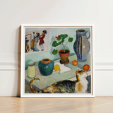 Ghost in the House Stalls - August Macke Art Print / Canvas White-framed Life Painting Calico Cat Ceramic Pots Macke’s Whimsical World,