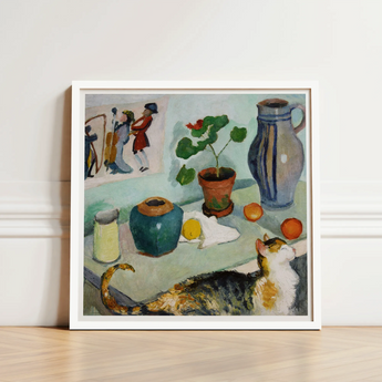 Ghost in the House Stalls - August Macke Art Print / Canvas White-framed Life Painting Calico Cat Ceramic Pots Macke’s Whimsical World,
