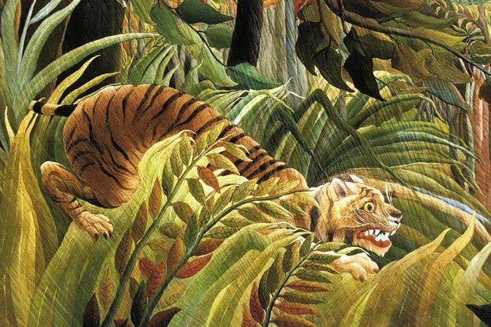giclée print of a tiger prowling through dense jungle foliage