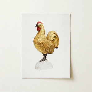 Gilded Rooster - Karl J. Hentz 1930s Decorative Art Print / Canvas Golden Figurine Red Comb Wattle White Base Regal, Kitchen, Prints
