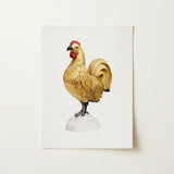 Gilded Rooster - Karl J. Hentz 1930s Decorative Art Print / Canvas Golden Figurine Red Comb Wattle White Base Regal, Kitchen, Prints