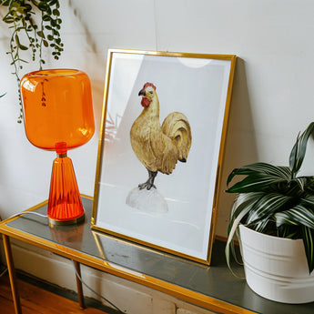 Gilded Rooster - Karl J. Hentz 1930s Decorative Art Print, Framed Painting Rooster Golden-yellow Feathers Red Comb