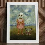 Girl with Death Mask - Frida Kahlo Art Print / Canvas Creepy Painting Child Skull Flower, Stormed Porcelain Prints
